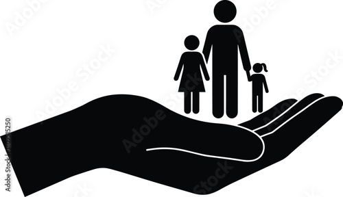 Family protection silhouette, caring hands illustration, parents with children, safety support concept, social care design, family security, community help, healthcare, responsibility, love