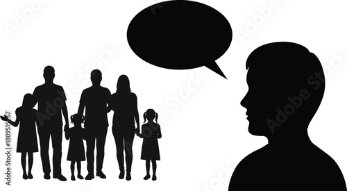 Family silhouette illustration, group of people, child speaking, communication concept, parenting, children, unity, social interaction, community, relationship, support, lifestyle, teamwork