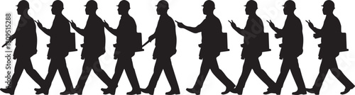 Silhouettes of nine construction workers in a line, some carrying tools and making gestures Keywords: worker, construction, silhouette, man, men, line, row, industrial, labor, builder, engineer