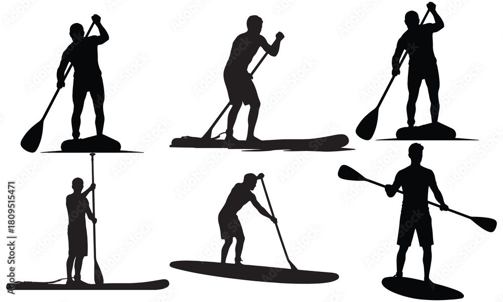 Obraz premium Collection of diverse stand up paddleboarder silhouettes in various poses and actions silhouette