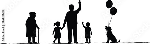 Family silhouettes, generations together, elderly with cane, children waving, father figure, dog with balloons, happy moment, bonding, connection, illustration, outdoors