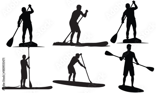 Collection of diverse stand up paddleboarder silhouettes in various poses and actions silhouette
