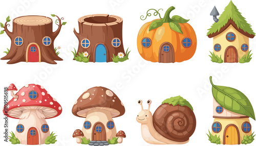 Fantasy house illustration, cartoon houses, mushroom house, pumpkin house, tree stump home, snail house, leaf roof, fairy tale design, vector