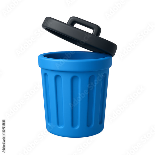 3d blue trash can icon isolated on transparent background