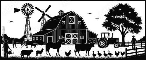 Farm silhouette illustration, barn, tractor, windmill, animals, rural countryside, agriculture, livestock, farmer, tree, birds, traditional village, farming life, nature, landscape, countryside scene,