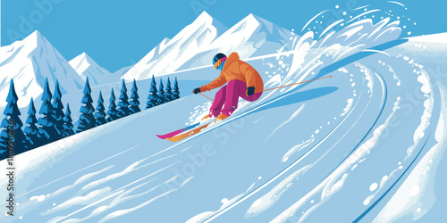 Winter landscape with skier on snowy slope forest and mountain scenery vector illustration
