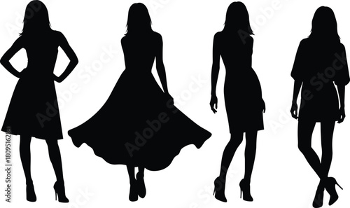 Fashion silhouettes, women dresses, stylish outfits, elegant clothing, high heels, modern apparel, feminine style, trendy design, runway fashion, chic wear