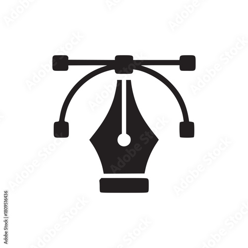 Illustration of a black ink pen with bezier curves and handles on a white background design element