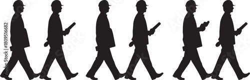 Six Black Silhouette Figures of Construction Workers in Profile Holding Blueprints Walking in a Line on White Background Keywords: construction, worker, silhouette, blueprint, walking, line, group