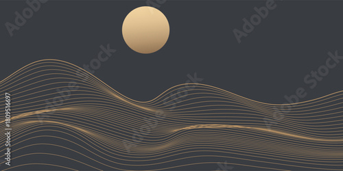 Vector abstract art landscape mountain with birds and sunrise with gold line art texture isolated on dark gray black background. eps10