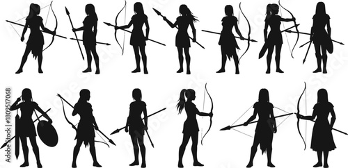 Female warrior silhouettes, huntress vector, women fighters, archery poses, spear shield icons, mythology characters, fantasy combat, strong women illustration, battle stances