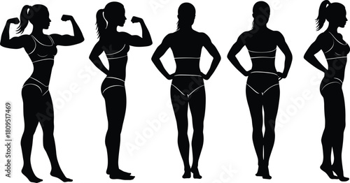 Fitness woman silhouette, female body shape, workout pose, athletic figure, sports bra, underwear model, gym training, bodybuilding, anatomy posture, exercise
