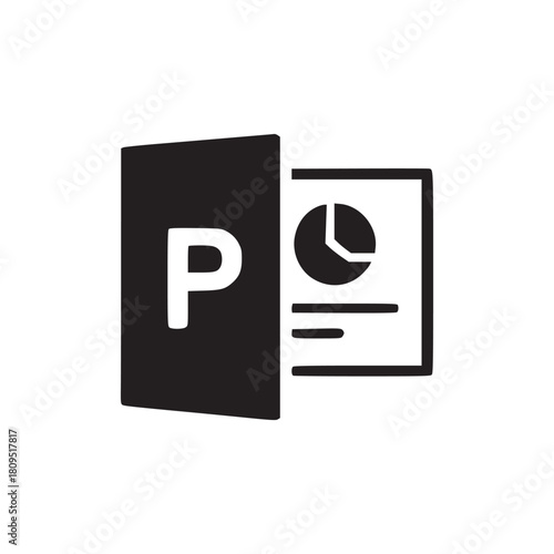 A black and white icon of a presentation document with a pie chart and the letter p on it shown