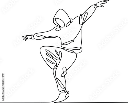 One line drawing of a person dancing in a hoodie continuous line
