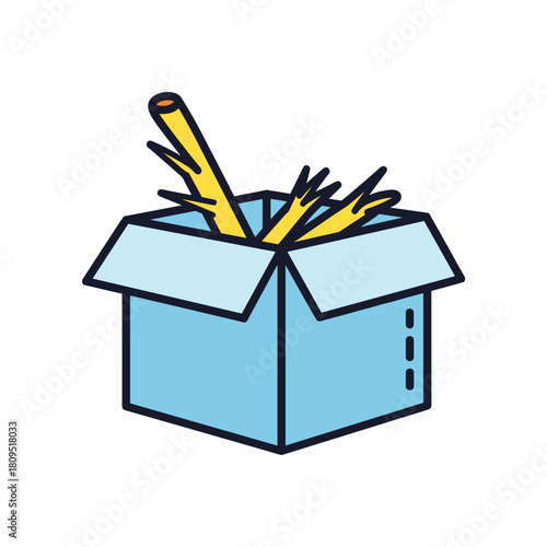 Cartoon hand emerging from open cardboard box, surprise and mystery in creative illustration