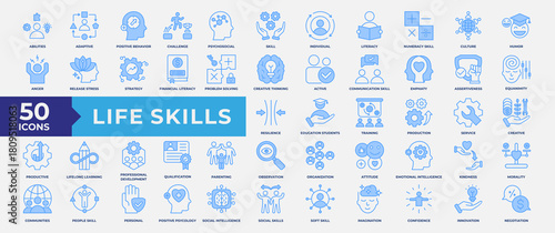 Life Skills icon set, containing adaptive, positive behavior, challenges life, psychosocial, individual, active and productive. Simple Blue Vector Illustration.