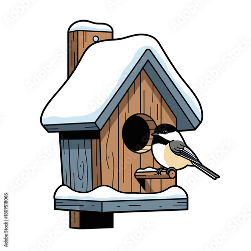 Chickadee perched on snowy birdhouse, winter nature and wildlife illustration