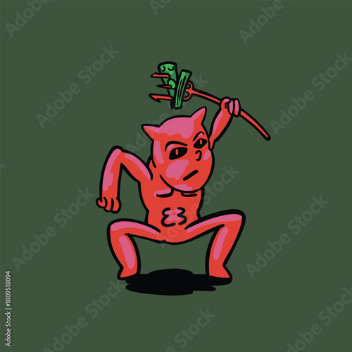 satan kid character holding spear money