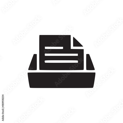 A black silhouette of a document in a tray on a white background in a simple and clean style