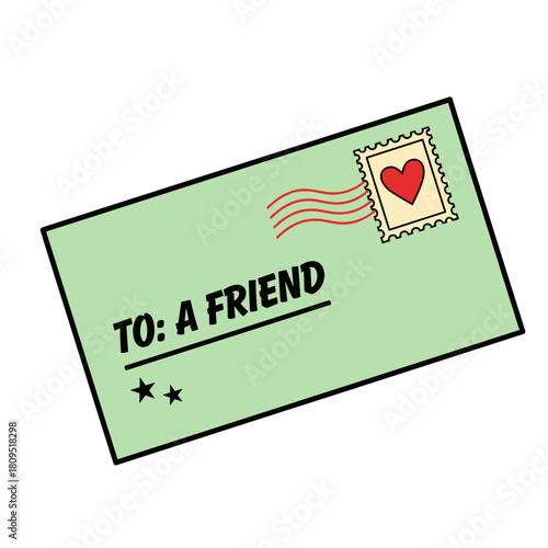 Envelope with heart stamp and "To: A Friend" text, friendship and communication theme