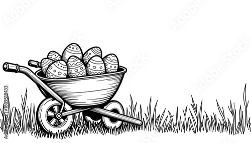 Easter wheelbarrow with decorated eggs on grass, holiday celebration and children's coloring activity