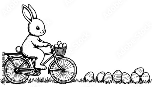 Easter bunny riding bicycle with eggs on grass, holiday celebration and spring greeting