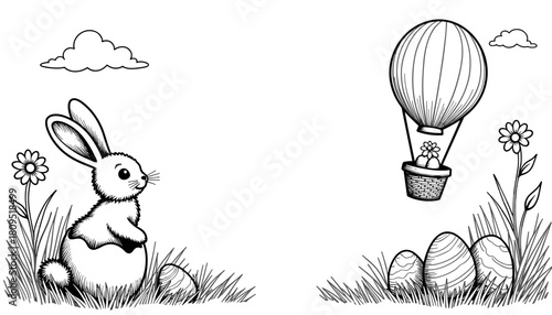 Easter bunny in egg hot air balloon, fun coloring book art for kids, spring holiday and creativity