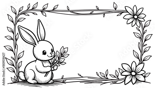 Valentine’s Day bunny holding flowers in frame, children's coloring book and cute animal drawing