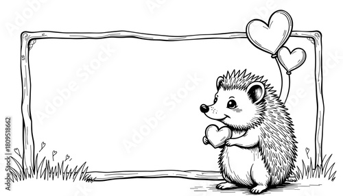 Valentine's Day hedgehog delivering candy hearts in frame, kids' coloring book and holiday activity