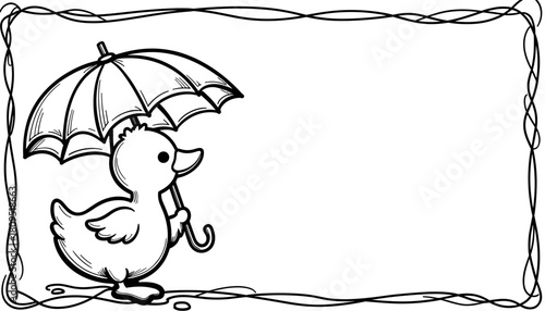 Valentine’s Day frame with duck holding heart umbrella, fun and creative children’s coloring activity