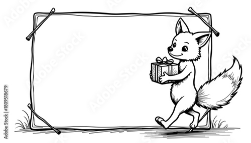 Fox carrying gift box in frame, Black Friday shopping and holiday sale concept