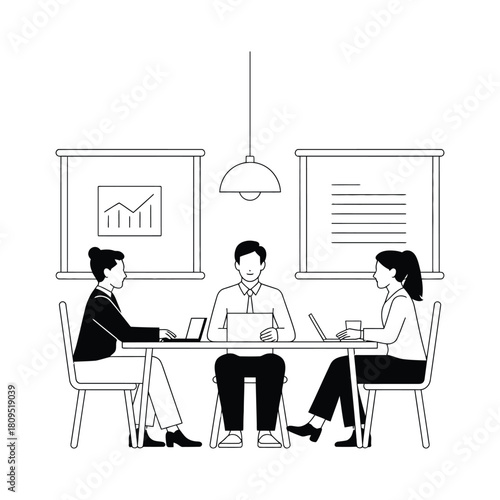 Three business people sit at a table in a modern office meeting room discussing plans.