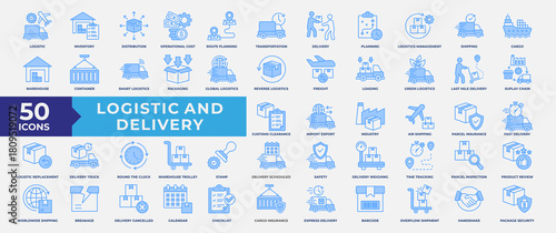 Logistics and Delivery icon set. Containing supply chain, Logistic, inventory, distribution, route planning, transportation, delivery, planning and management. Simple Blue Vector Illustration.
