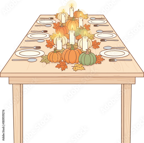 Illustration of a Thanksgiving table setting with pumpkins, candles, and fall leaves.