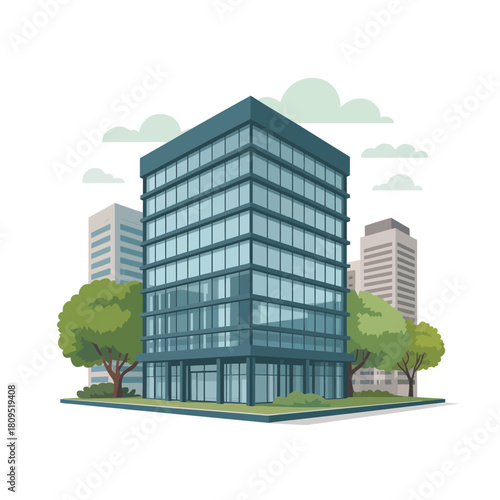 A modern glass office building stands tall amidst other city structures and green trees.