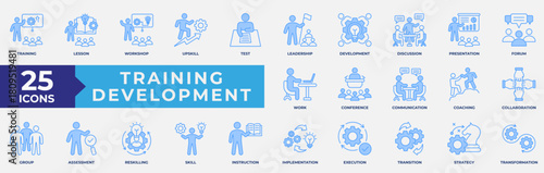 Training Development icon set. Containing development, learning, workshop, coach, mentor, curriculum and seminar. Simple Blue vector illustration.