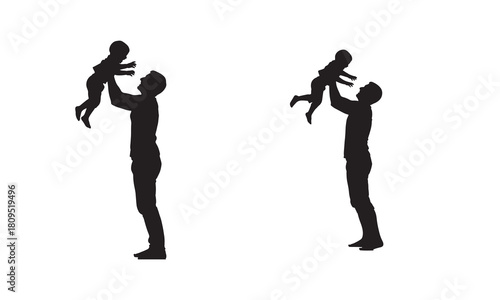Father lifting his baby high in the air with joy and love in a simple black silhouette