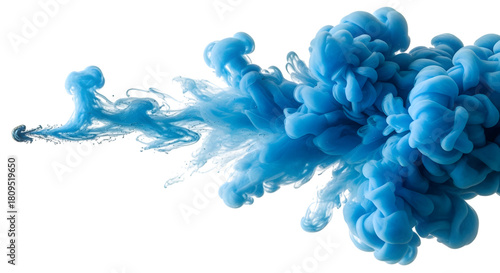 Bright blue ink cloud swirling and expanding in water with a dark background isolated on a transparent background