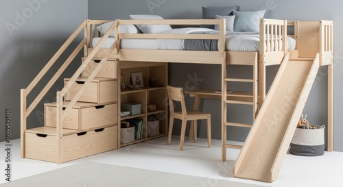 interior of a student bedroom with loft bed, desk, stair and slide. 