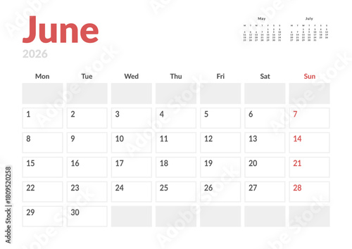 Monthly page Calendar Planner Template design of June 2026. Vector layout of calendar with week start Monday for Scheduling. Page for size A4 or 21x29.7 cm