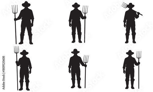 Collection of farmer silhouettes holding pitchforks and rakes in various poses silhouette
