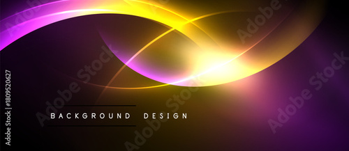 Abstract design features vibrant curves, glowing yellow center, purple accents. Dark background enhances luminosity, creating dynamic visual effect.