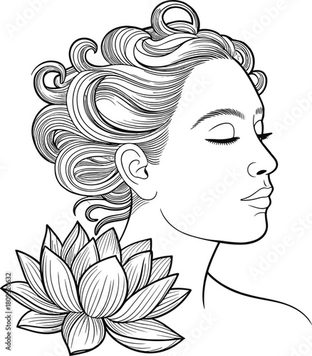 Woman with elaborate hair and lotus flower line art