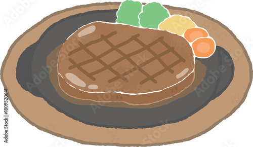 鉄板プレートに盛り付けたステーキのイラスト