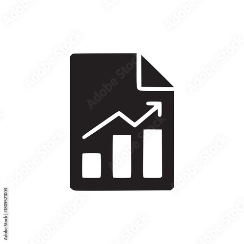 A black and white icon of a document with a bar graph and an arrow pointing upwards on a white background