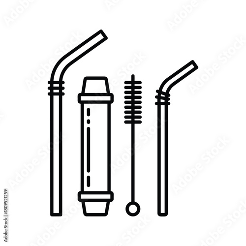 Reusable metal drinking straws with cleaning brush and case icon