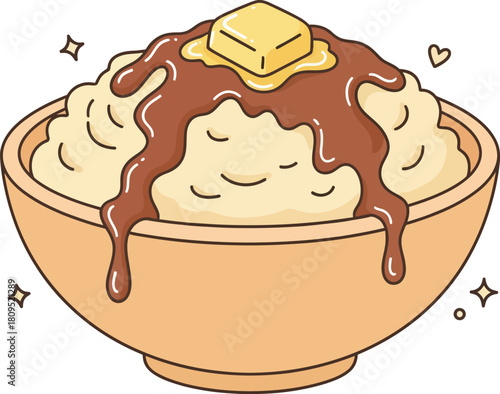 Cartoon illustration of mashed potatoes in a bowl with gravy and butter.