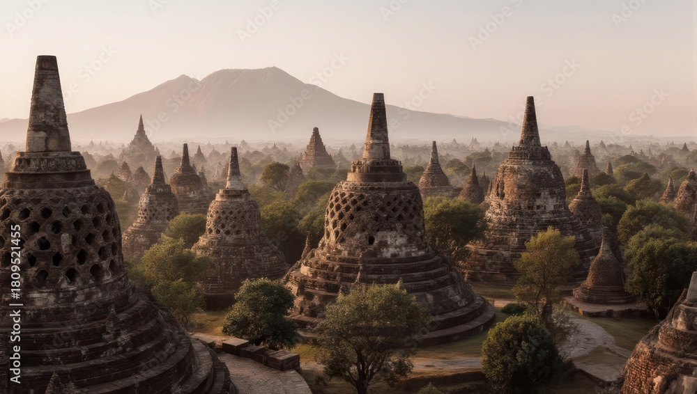Fototapeta premium Ancient Buddhist Temples in Java, Indonesia, with Mountain Backdrop.