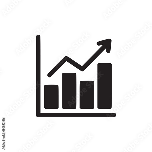 A simple black and white illustration of a bar graph with an arrow pointing upwards indicating growth