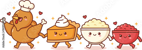 Cute cartoon Thanksgiving dinner characters holding hands: turkey, pie, mashed potatoes, and cranberry sauce.